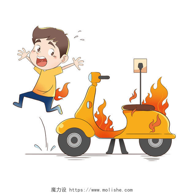 卡通人物电动车充电着火事故主题插画元素电动车安全